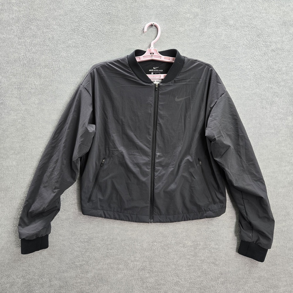 Nike Women Jacket L Gray Nylon Polyester Aerolayer Logo Cropped Full Zip